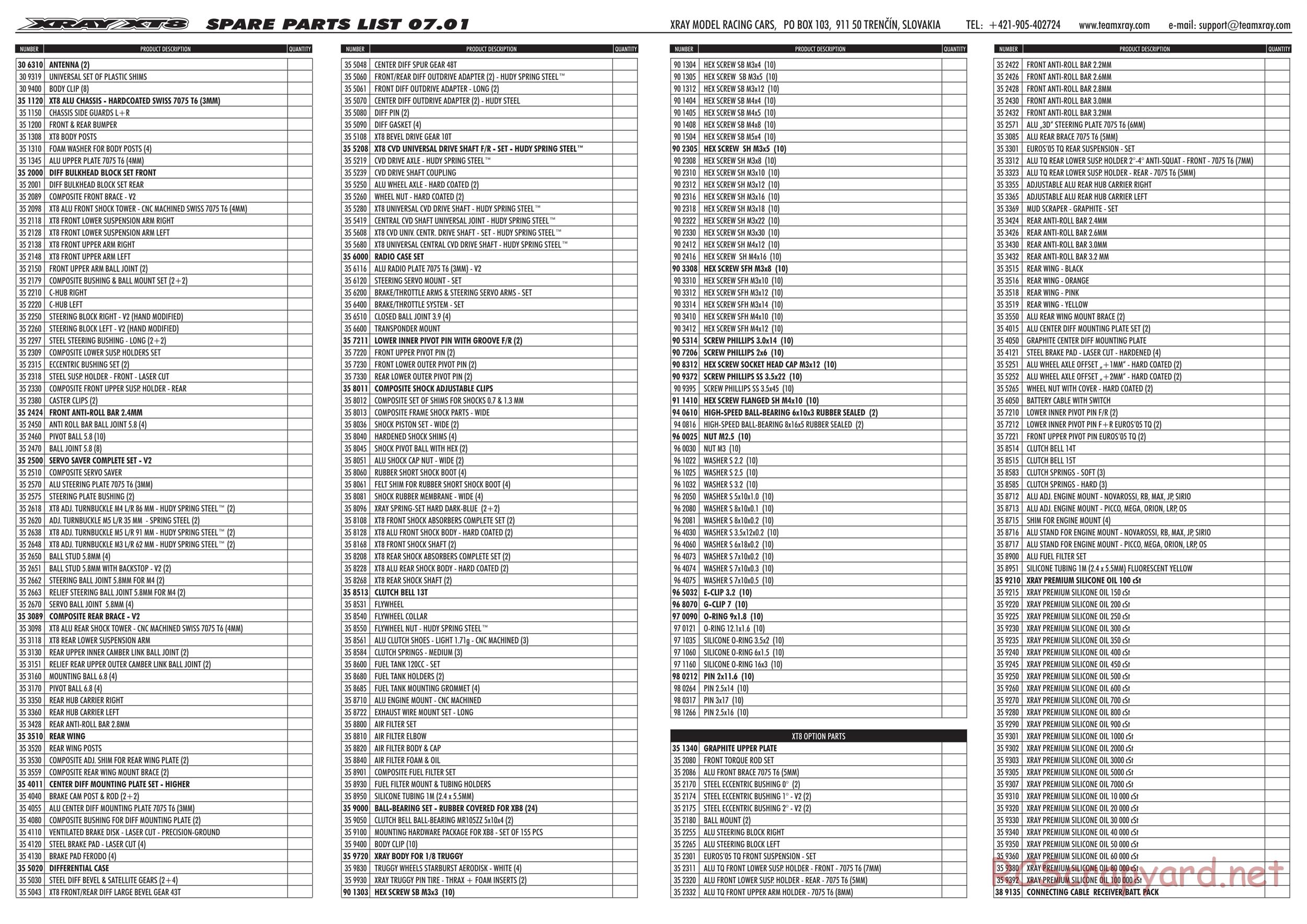 Xray - XT8 2007 Specs (XT8'07) - Parts List