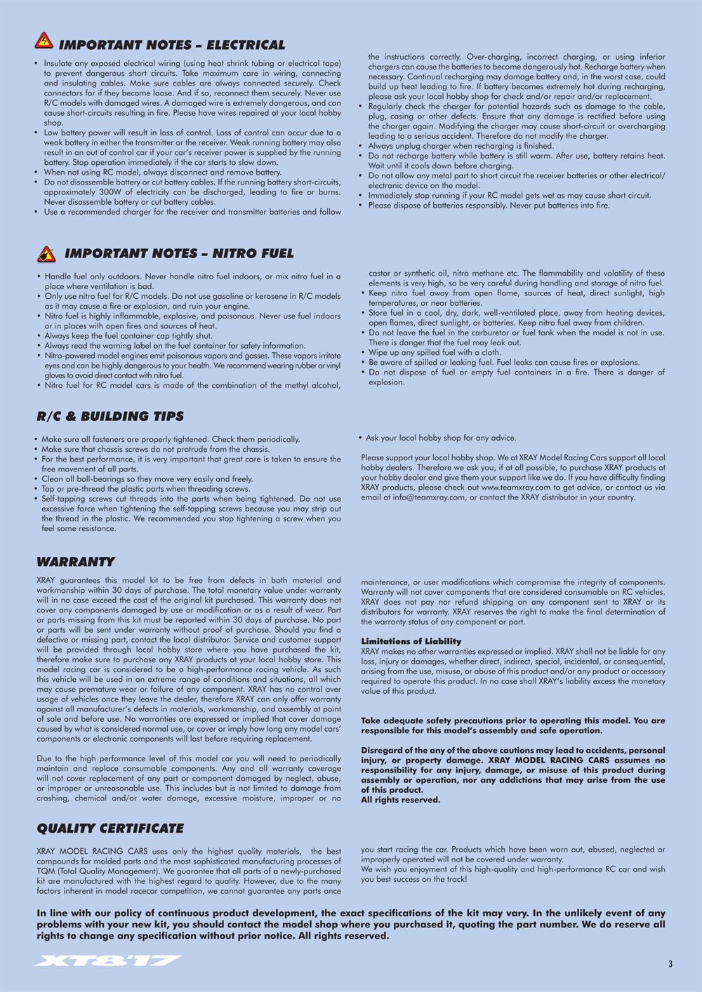 Xray - XT8 2017 Specs (XT8'17) - Manual - Page 3