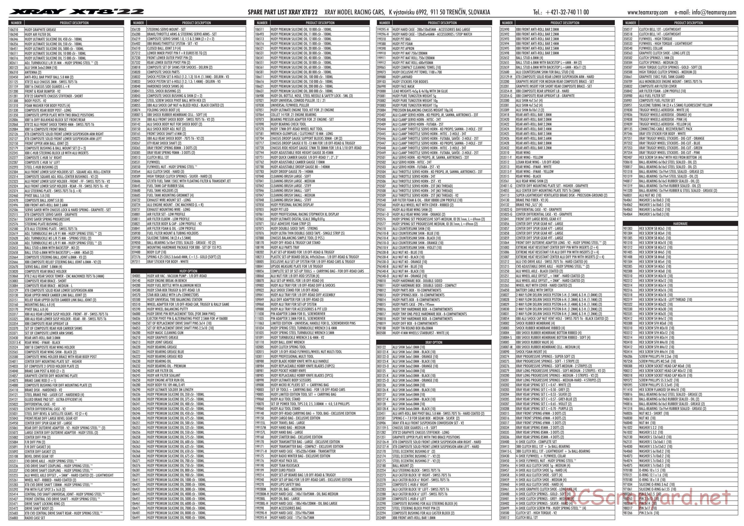 Xray - XT8 2022 Specs (XT8'22) - Parts List
