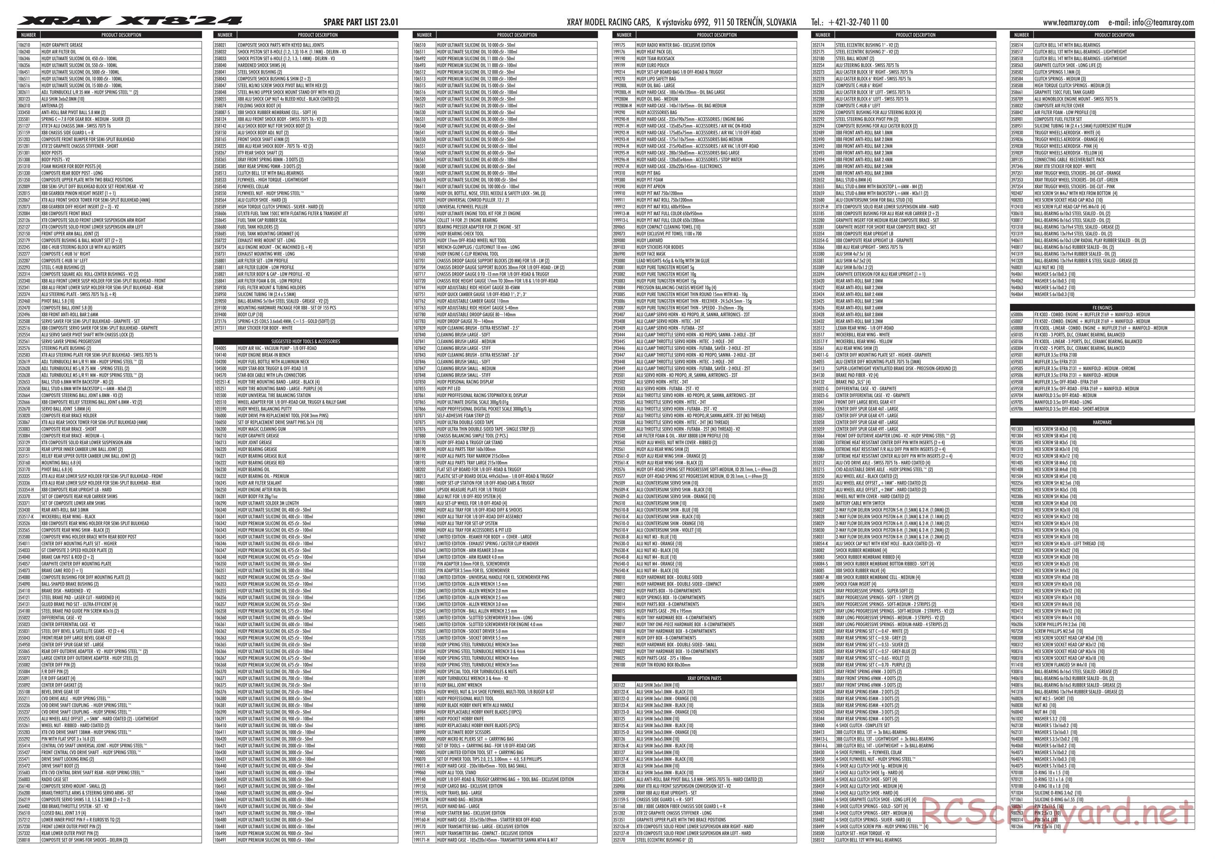 Xray - XT8 2024 Specs (XT8'24) - Parts List